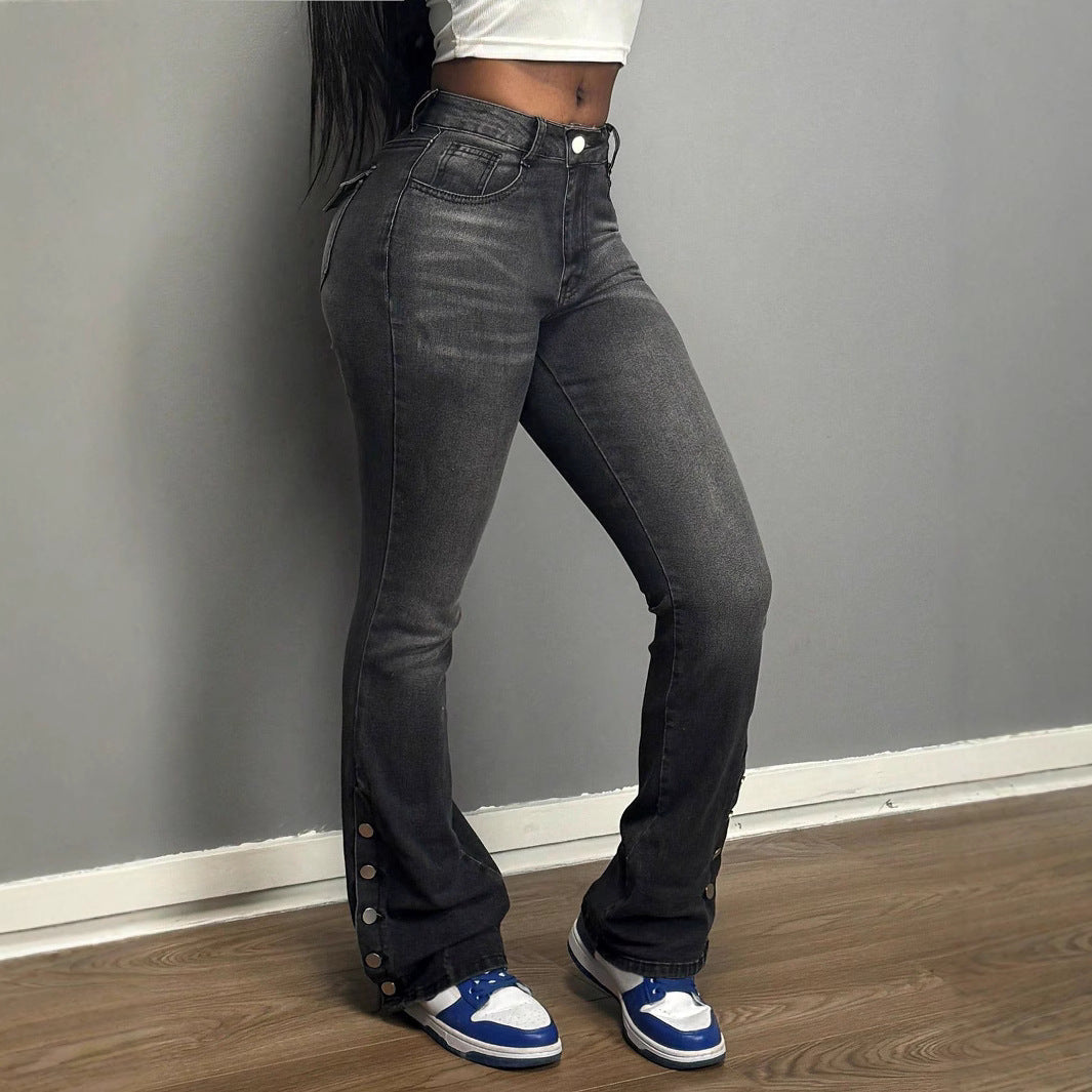 Dame Bootcut-Jeans med dekorative knapdetaljer og høj talje Stilla