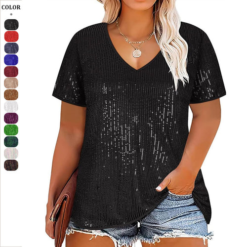 Dame Funklende V-Udskæring T-Shirt med glitrende accenter og løs pasform Stilla