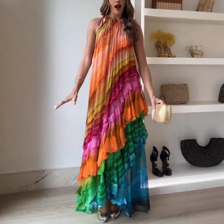 Dame Maxi-kjole med elegante draperinger og farverig lag-på-lag look Stiila