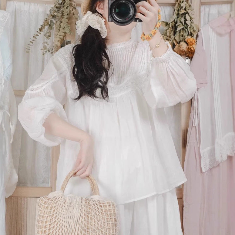 Femme Bohemian Knap-Bluse med rynkede ærmer Stilla