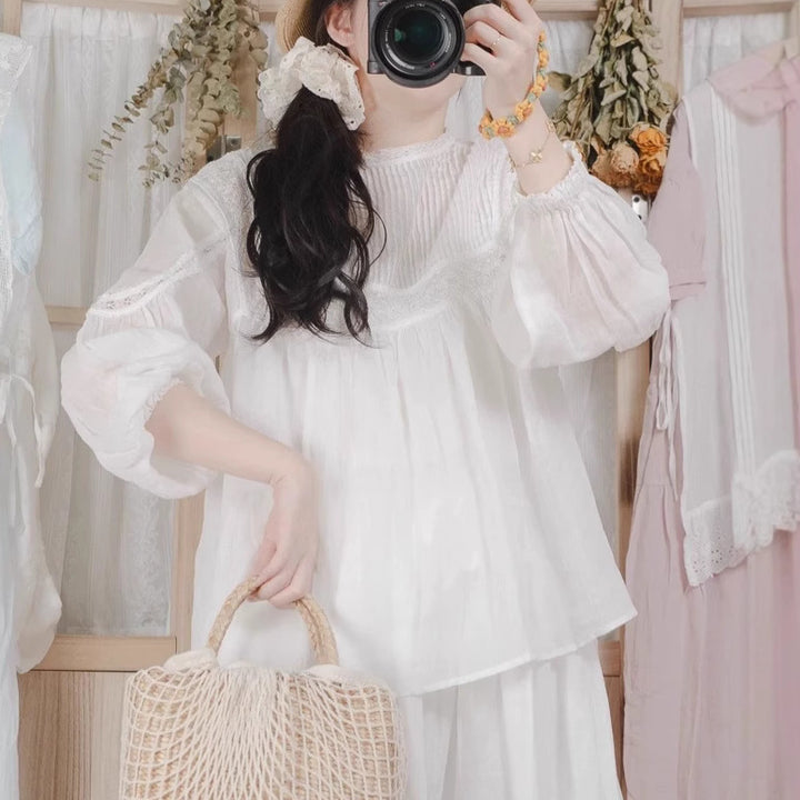 Femme Bohemian Knap-Bluse med rynkede ærmer Stilla