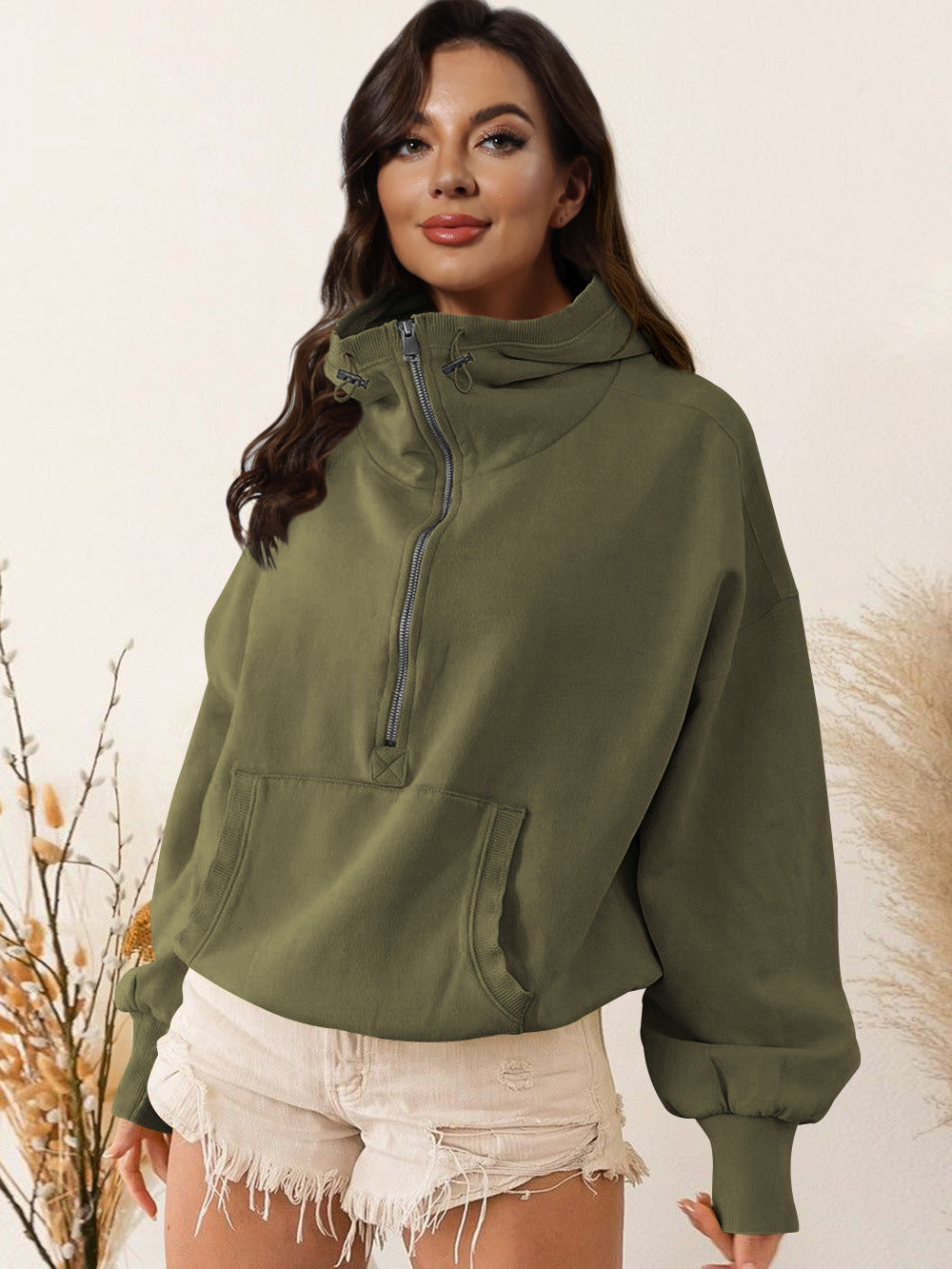 Dame afslappet hoodie med høj krave og lynlås Stilla