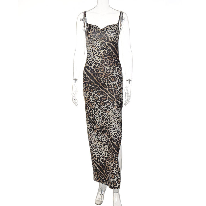 Dame Elegant maxikjole med leopardmønster og sexy split Skovae