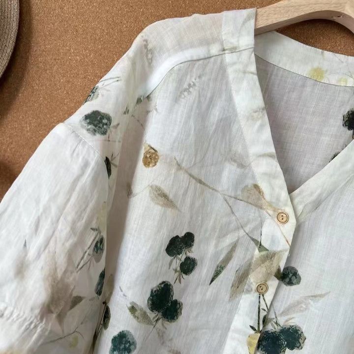 Femme Floral Print og Grafik Kortærmet Button-Up Skjorte Stilla