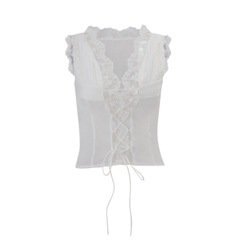 Damen Spitzen-Corsage mit Schnürung und Volantärmeln Skovae