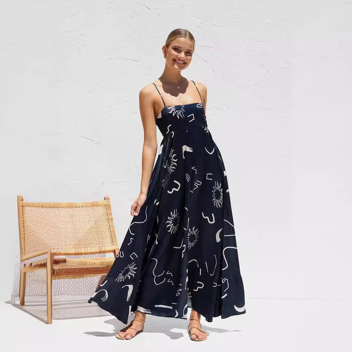 Kvindernes Bohemian Maxi Kjole med Legesyg Print og Luftig Silhouette