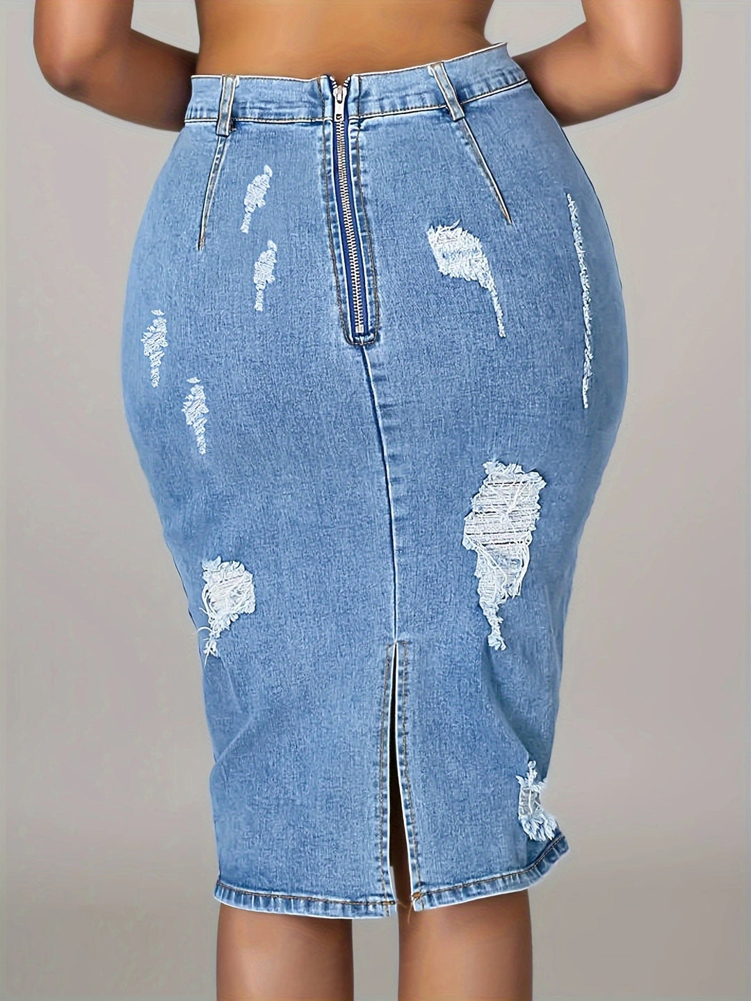 Dame Denim Blyantskørt med stilfulde Ødelagte-detaljer og høj talje Stilla
