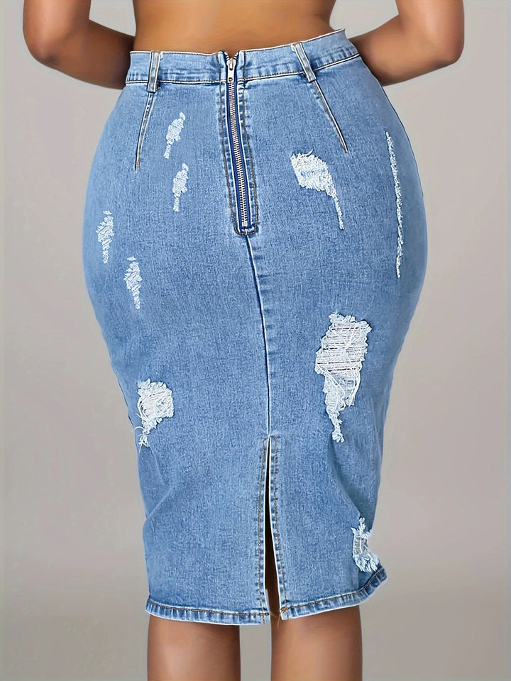 Dame Denim Blyantskørt med stilfulde Ødelagte-detaljer og høj talje Stilla