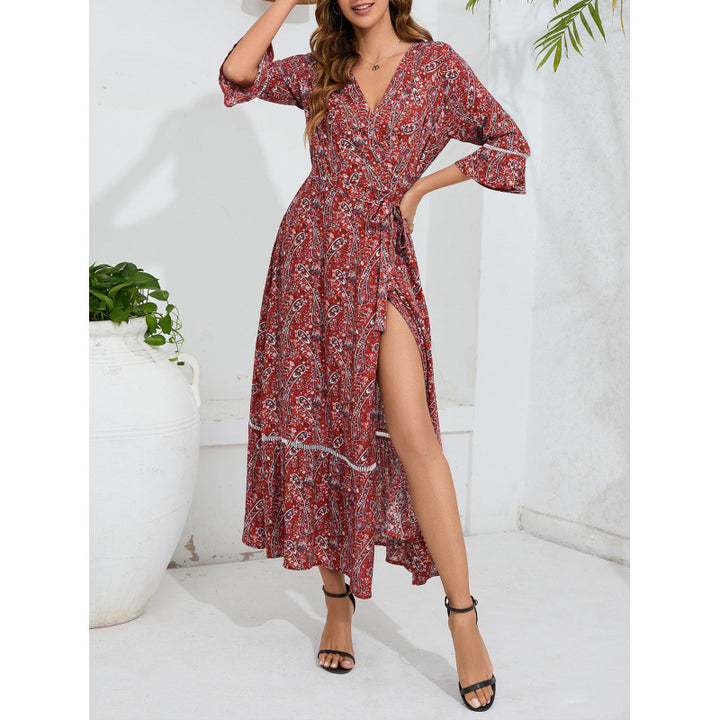 Femme Bohemian-Style Maxi Kjole med Rynkede Ærmer Stilla