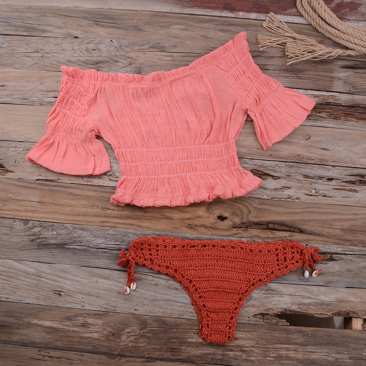 Damehækle-bikini-top og trusser-sæt med flæser og sommerligt design Stilla