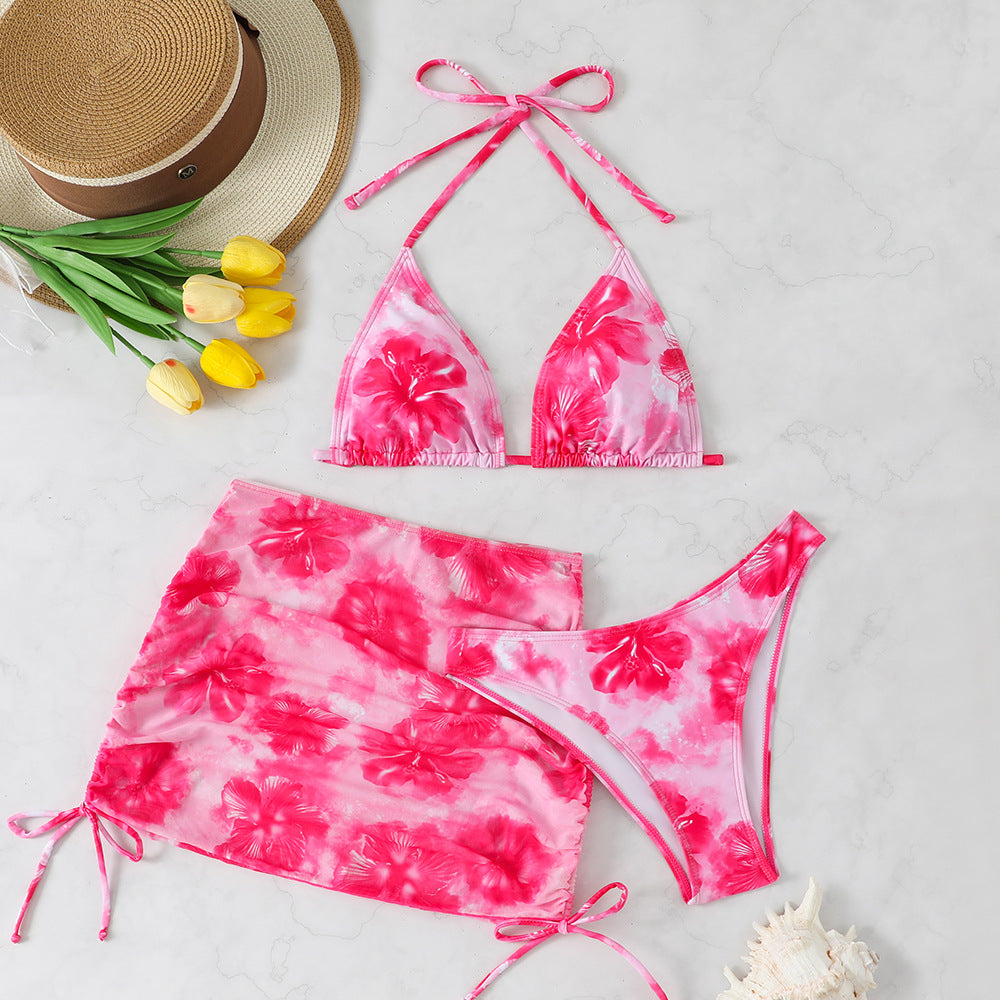 Dame Bikini-sæt med blomster mønster og justerbar nederdel Skovae