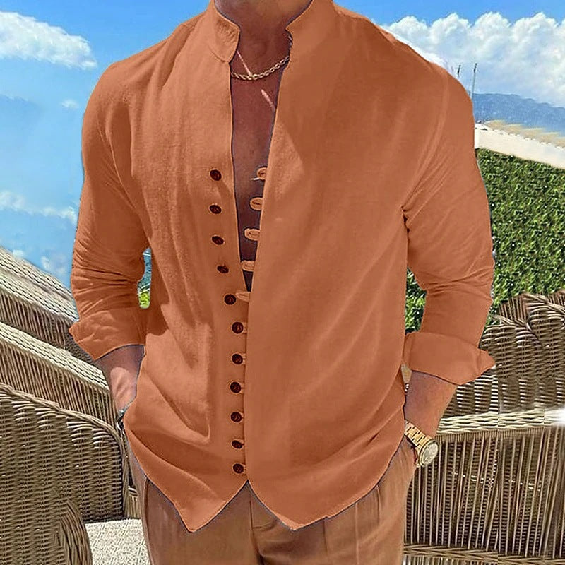 Herrer Mode Leinenbluse med Henley-krave og knapdetalje Stilla