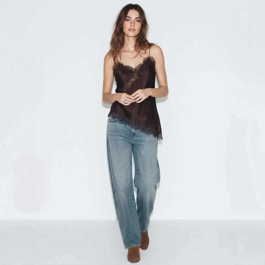 Dame Satin Top med elegant spids og spaghetti stropper Skovae