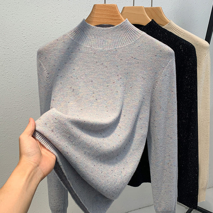 Dame strikpullover med fin glimmergarnstruktur og moderne ståkrave Stilla