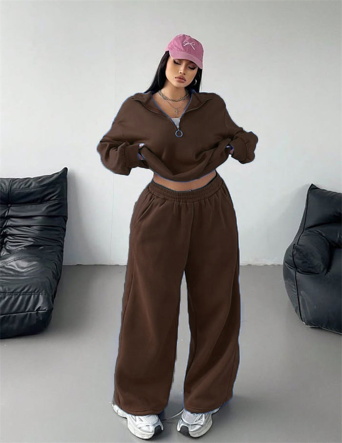 Dame sporty fleece loungewear sæt med høj krave og løs pasform Skovae
