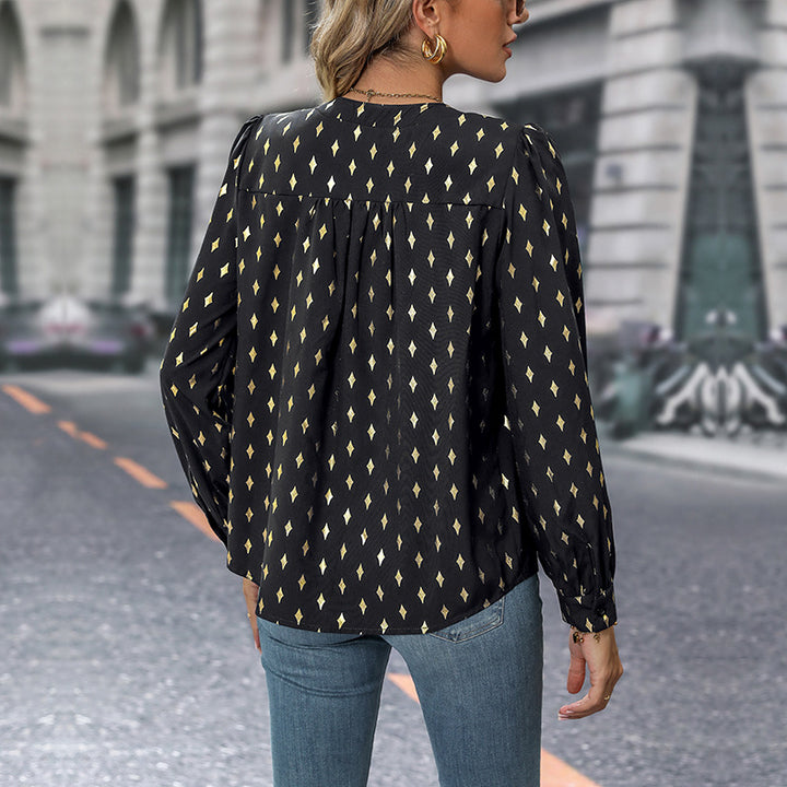 Dame elegant bluse med grafisk mønster og V-hals Stilla