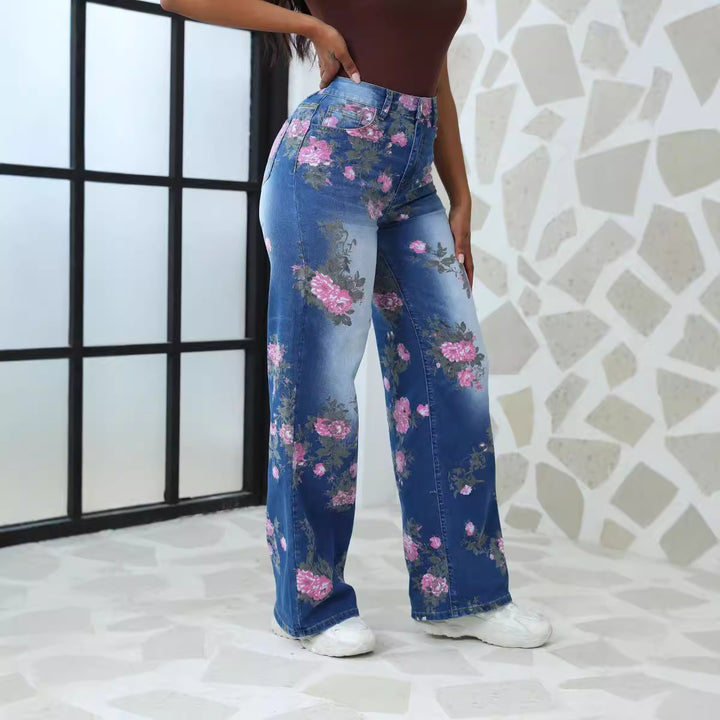 Dame bredtsnit jeans med blomsterprint Stilla