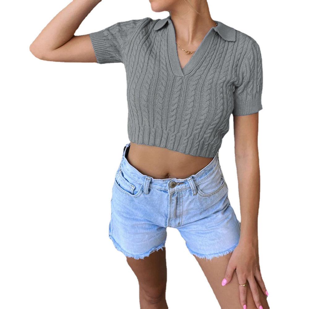 Dame Cropped Strikpullover med V-udskæring og Polo-krave Stilla