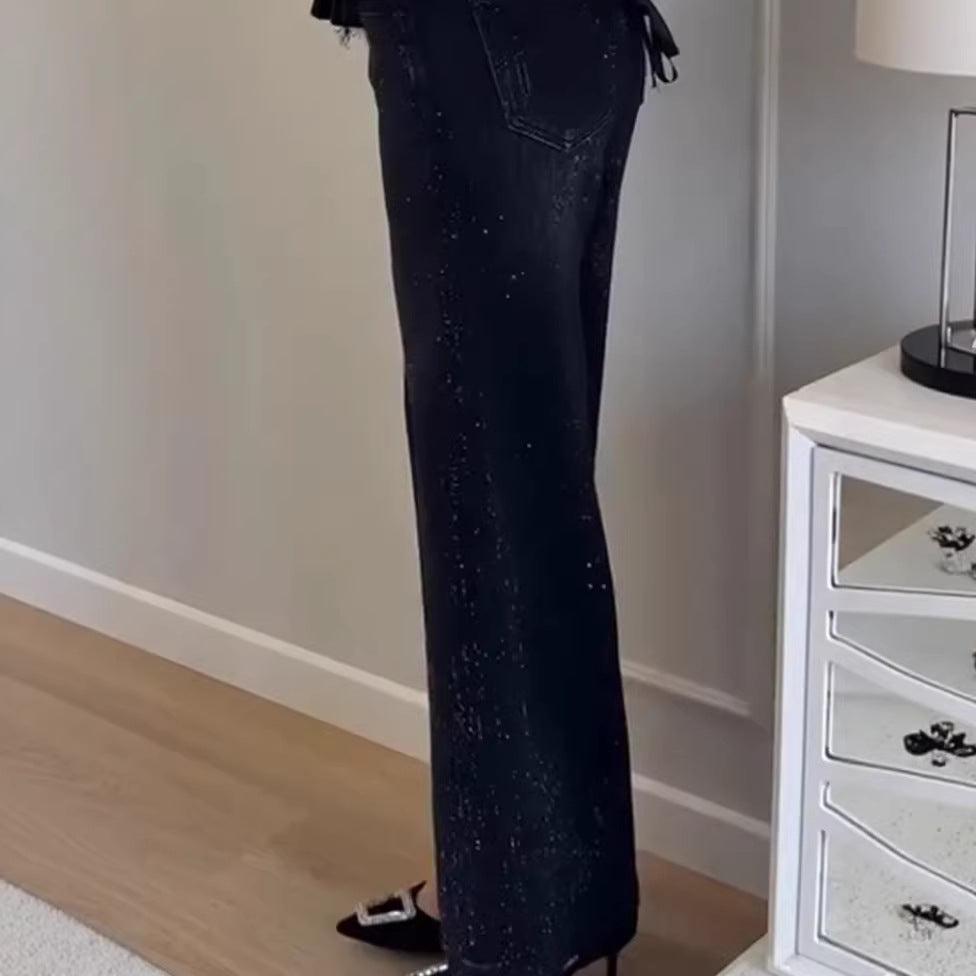 Kvindernes glitrende bredskårede jeans med elegant struktur Stilla