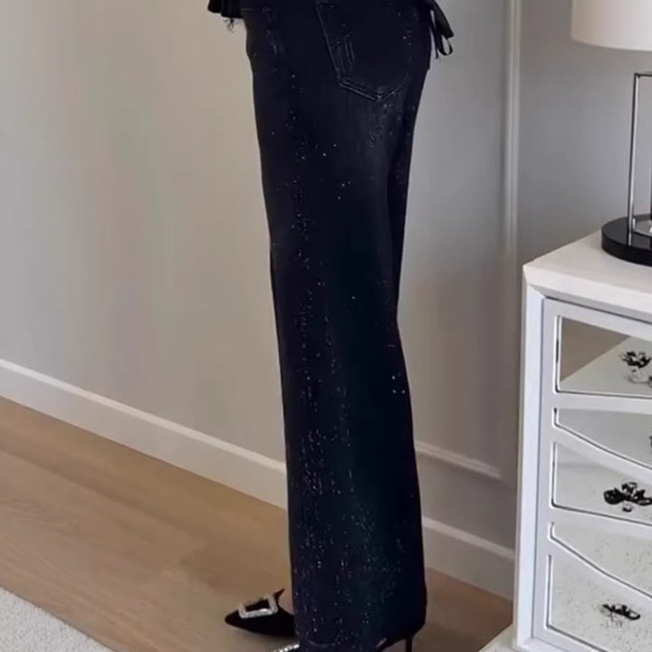 Kvindernes glitrende bredskårede jeans med elegant struktur Stilla