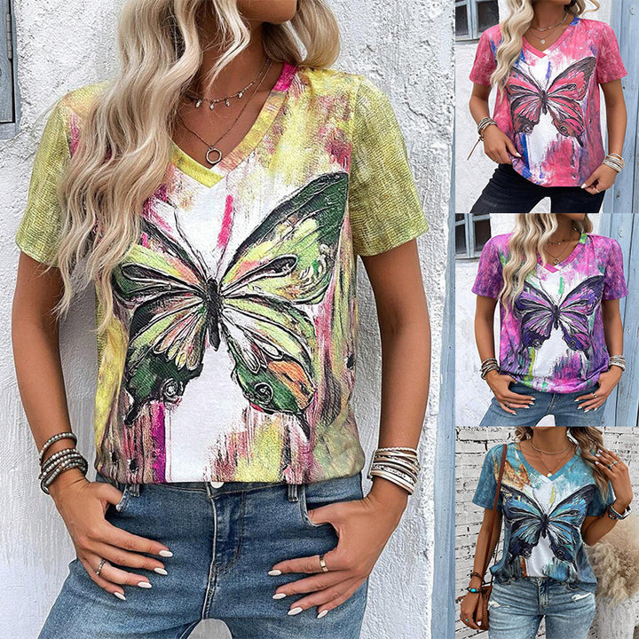 Dame V-hals T-shirt med kunstnerisk sommerfugletryk og afslappet pasform Stilla