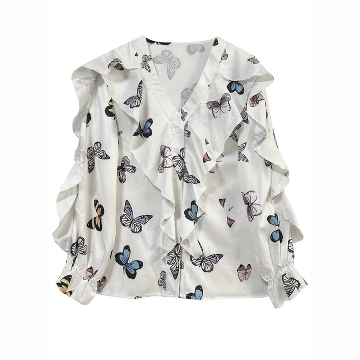 Femme Rynkede sommerfugletryk bluse Stilla