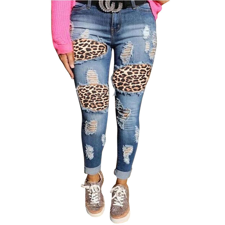Dame Ripped Skinny Jeans med leopardmønster-applikationer Stilla
