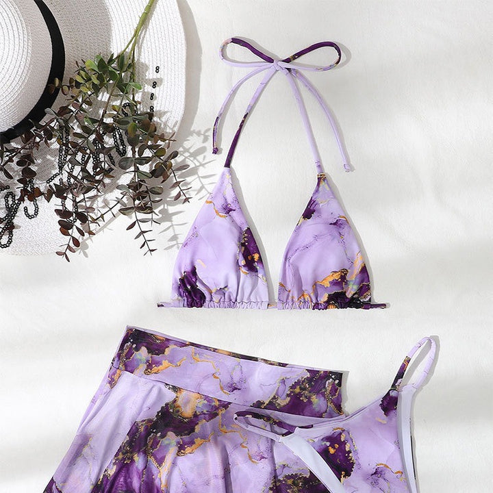 Dame Triangel-Bikini med elegant omslagsskjørt og moderne marmor mønster Stilla