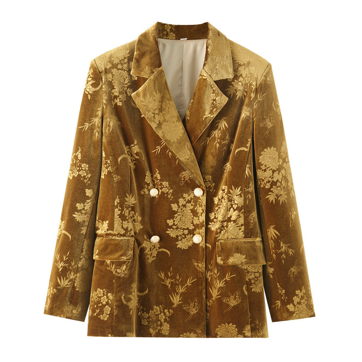 Femme Reverskrave Samt Blomster Blazer Stilla