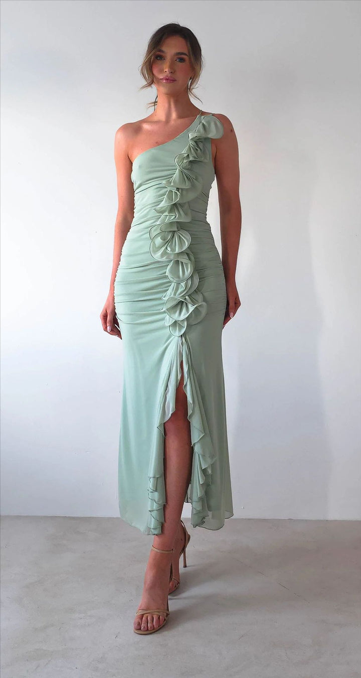 Kvinder Elegant Ruffle Maxi Kjole i Stilen af en Side med Høj Slids Skovae