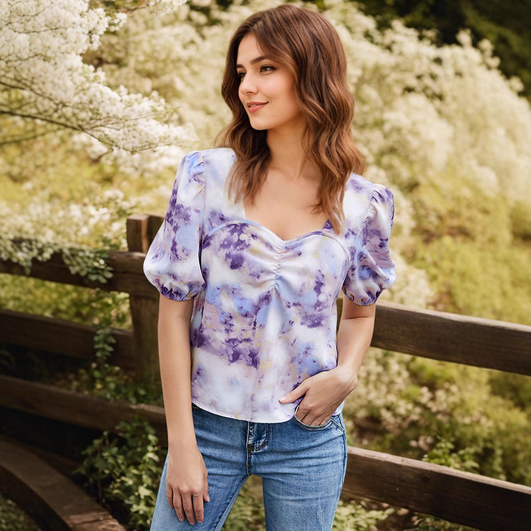 Dame Puffærmet Bluse med blomstertryk Stilla