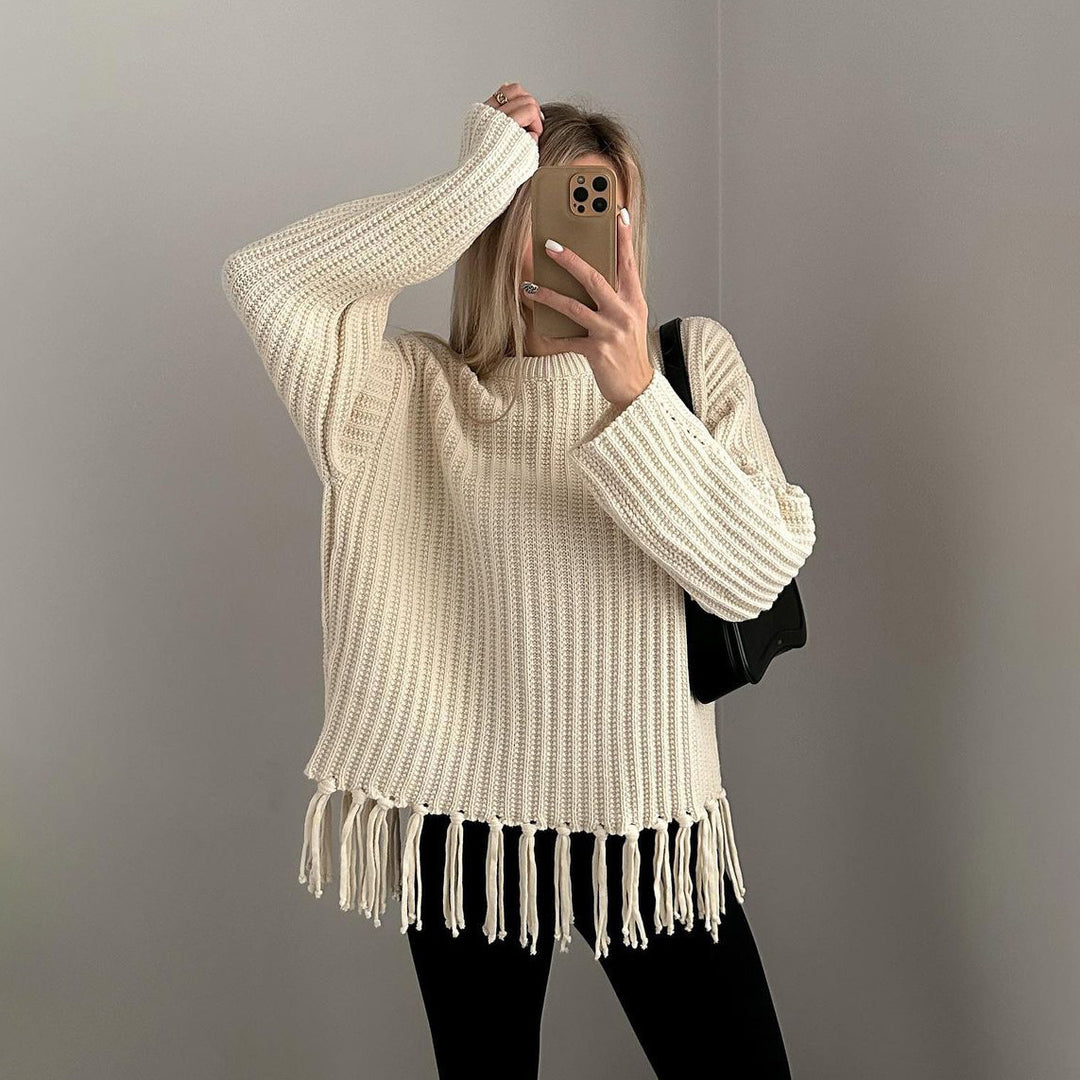 Dame Modische Strikpullover med frynser Stilla