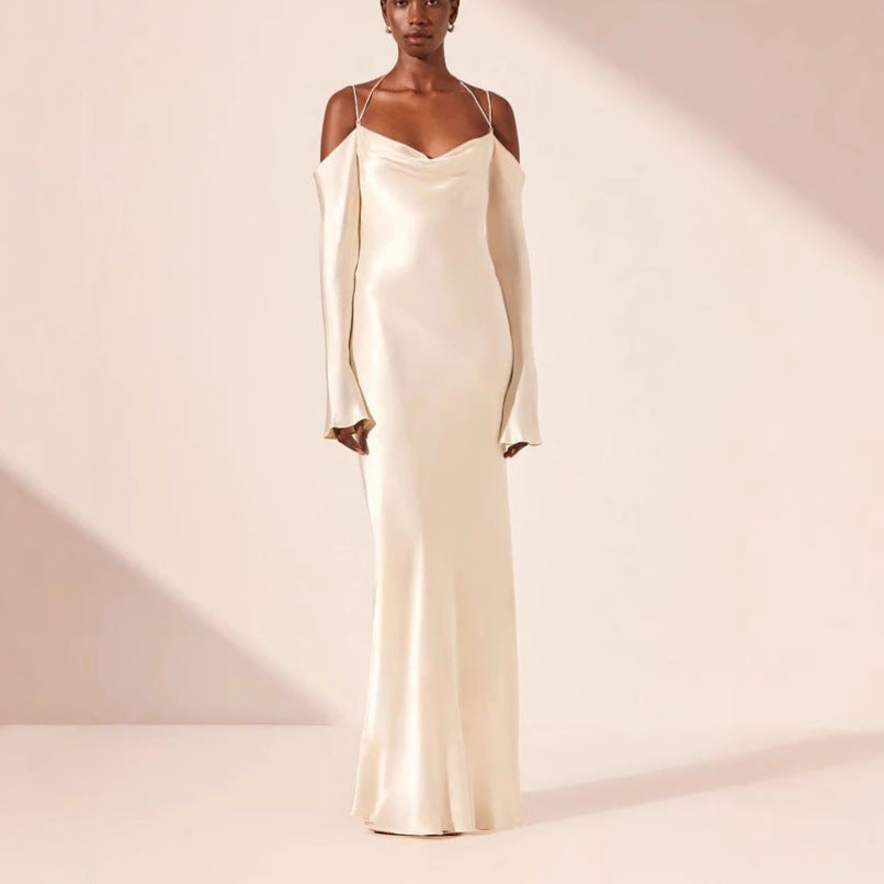 Dame Elegant Satin Langkjole med Off-Shoulder Ærmer Stilla