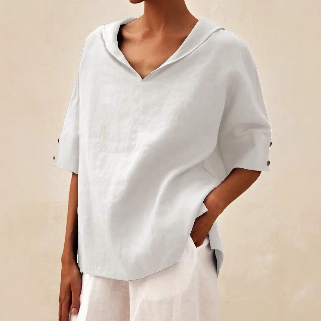 Dame afslappet linned blouse med hætte og korte ærmer Stilla