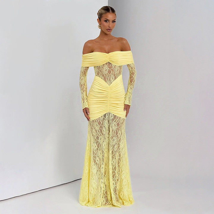 Dame Elegant Langærmet Spidskjole med Draperinger og Off-Shoulder Design Skovae