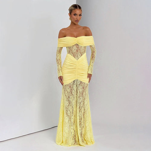 Dame Elegant Langærmet Spidskjole med Draperinger og Off-Shoulder Design Skovae