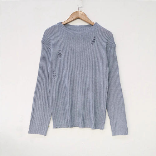 Dame afslappet strikpullover med fashionable rib og stilfulde revner Stilla