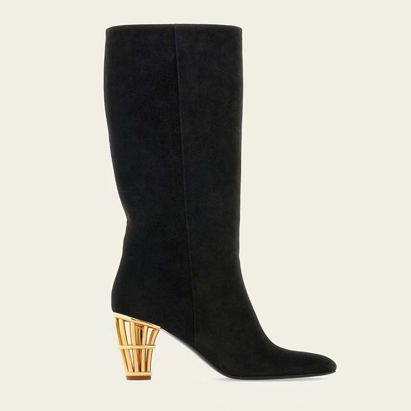 Femme High-Stiletto Knælange Støvler med skulpturel gylden hæl Stilla