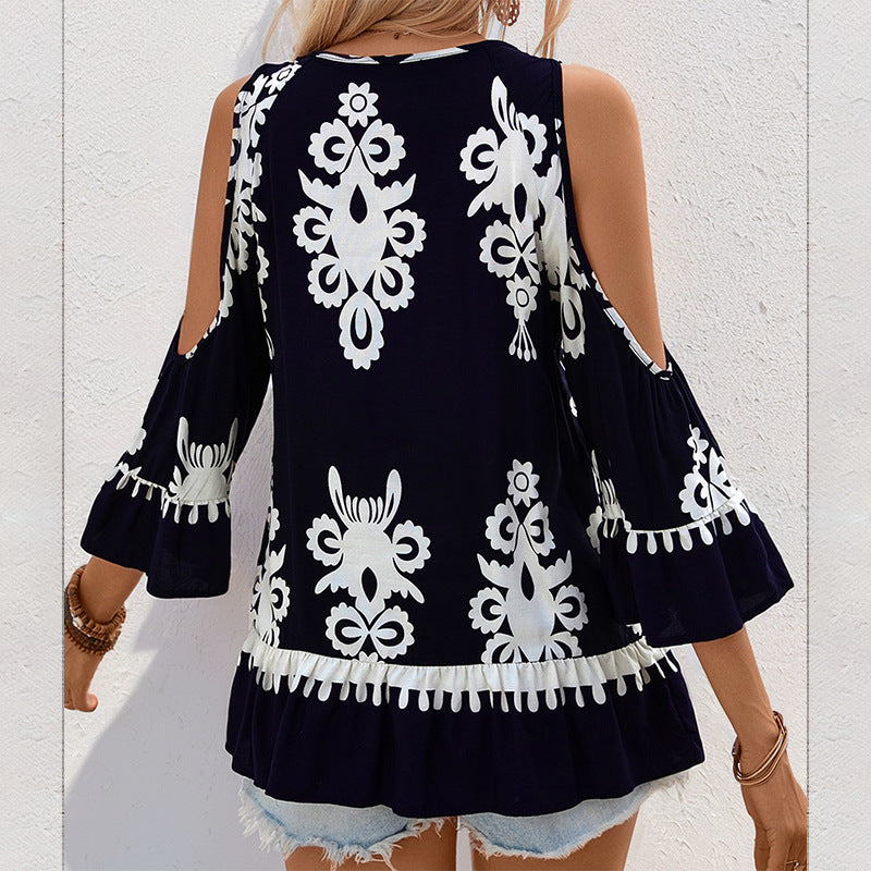 Dame Bohemian Cold Shoulder Top med klokkeærmer og kvaster-detaljer Stilla