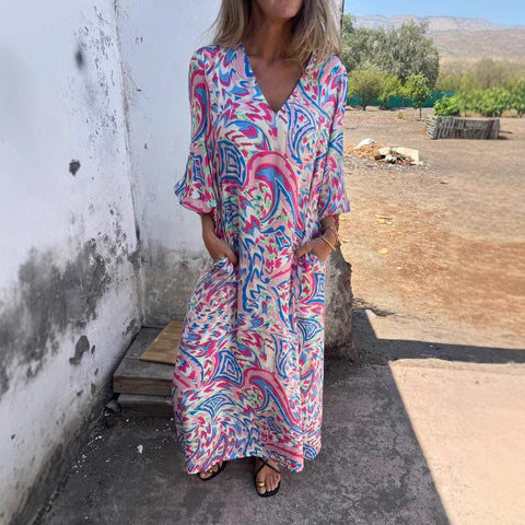 Stilla | Elegant Kvinders Forår Sommer Print V-Hals Kjole