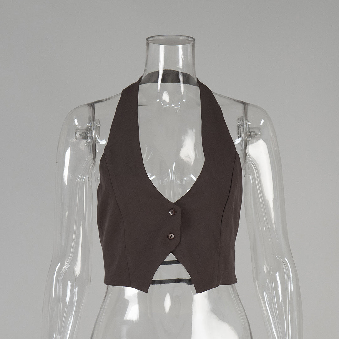 Dame Cropped Bluse med dyb udskæring og knaplukning Stilla