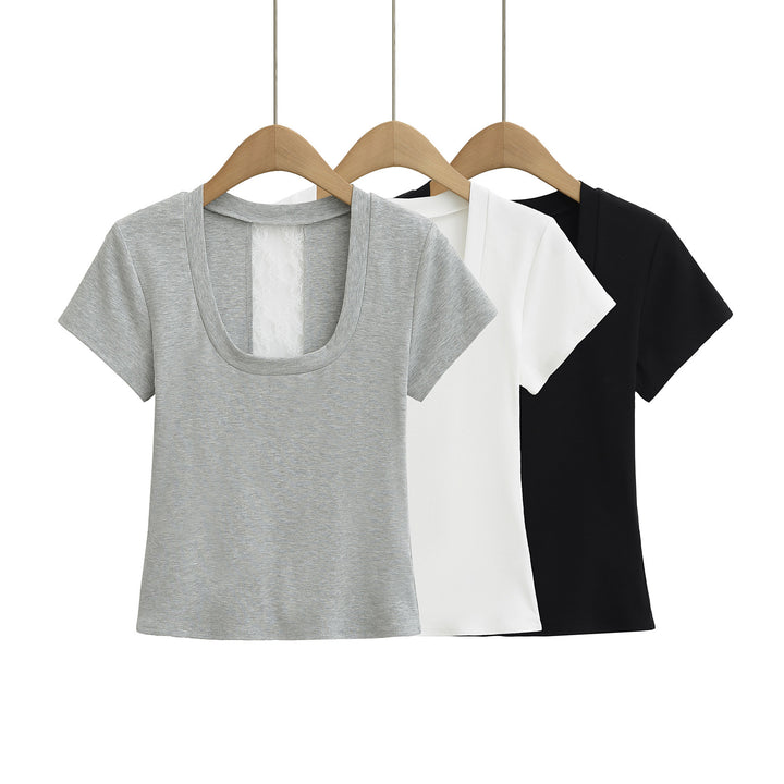 Dame afslappet rundhals T-shirt med delikat spids ryg Stilla