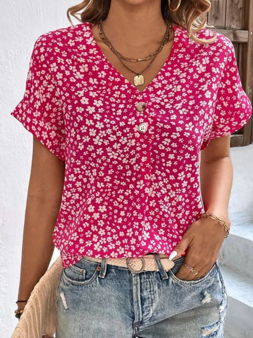 Dame bluse shirt med floral design og elegant V-udskæring Stilla