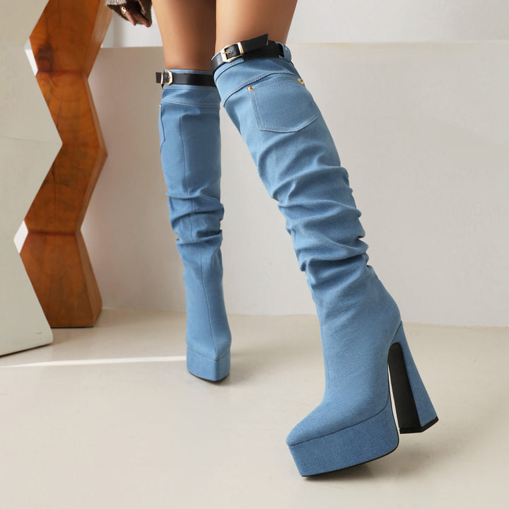 Femme Denim Over-knæ Platform Stiletto Støvler med Bælte-design Stilla