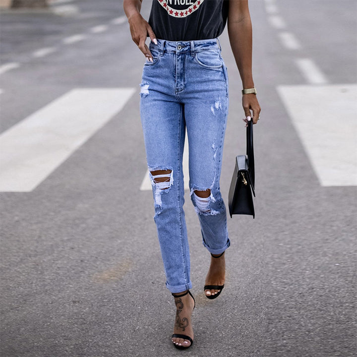 Dame Ripped High-Waist Jeans i casual Boyfriend-stil med Destruction-detaljer Stilla