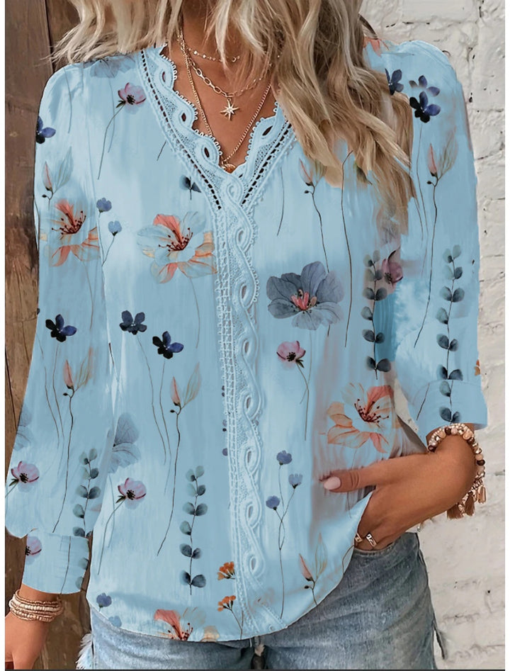 Dame chiffonbluse med blomstermotiv og spidsudsmykninger Stilla