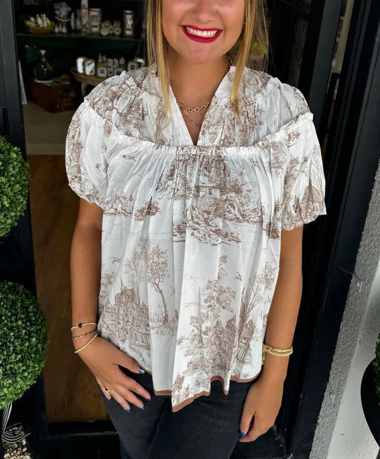 Damer Vintage Bomuldsbluse med grafisk tryk Stilla
