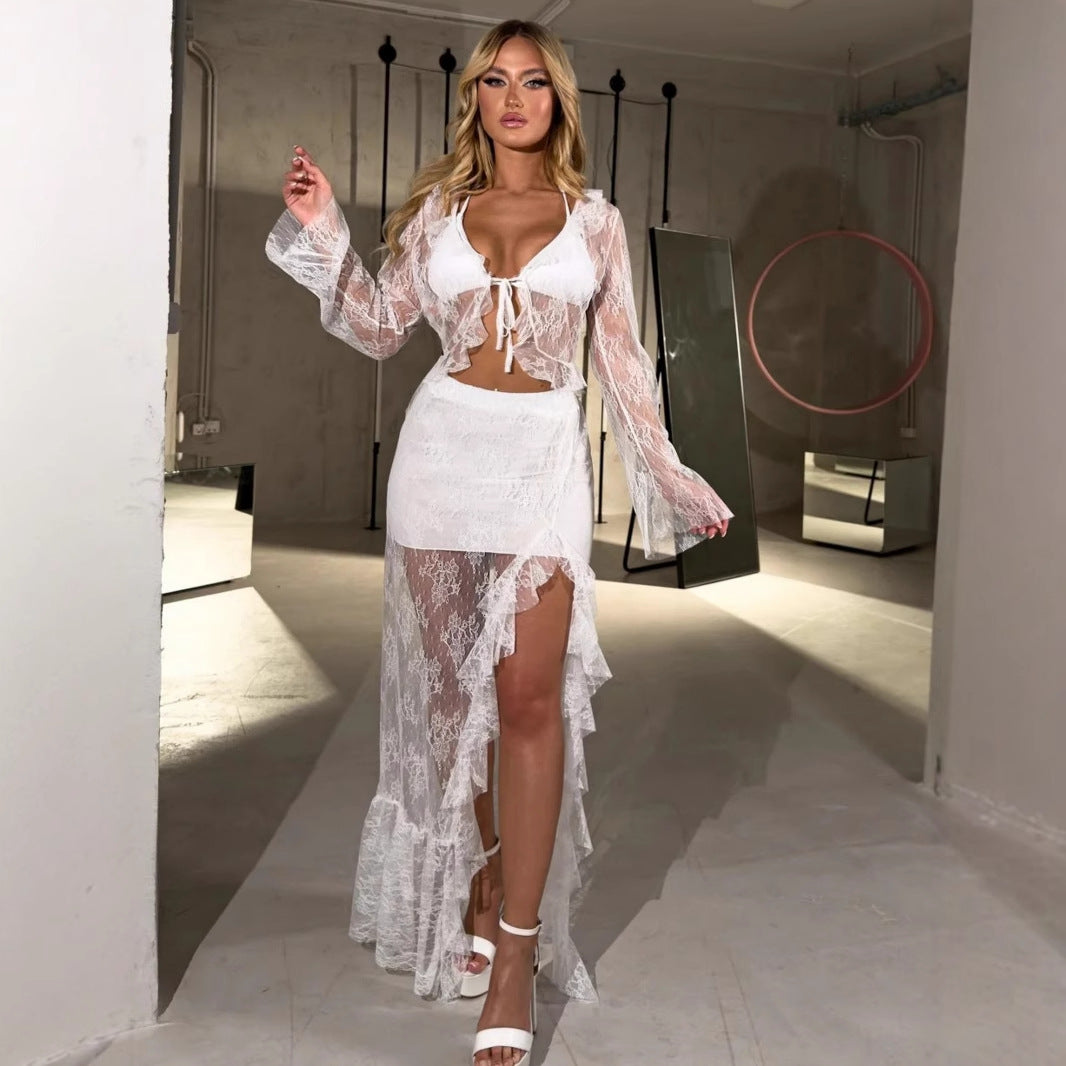 Dame Transparent Spids Bluse med Rynker Stilla