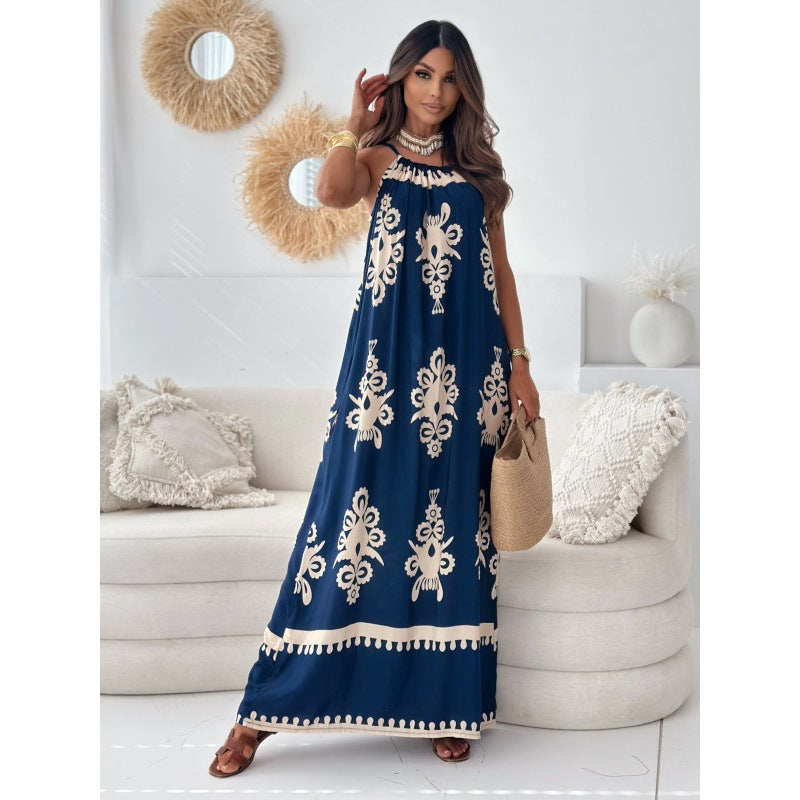 Dame Halter Neck Ethno Tryk Maxi Kjole Stilla
