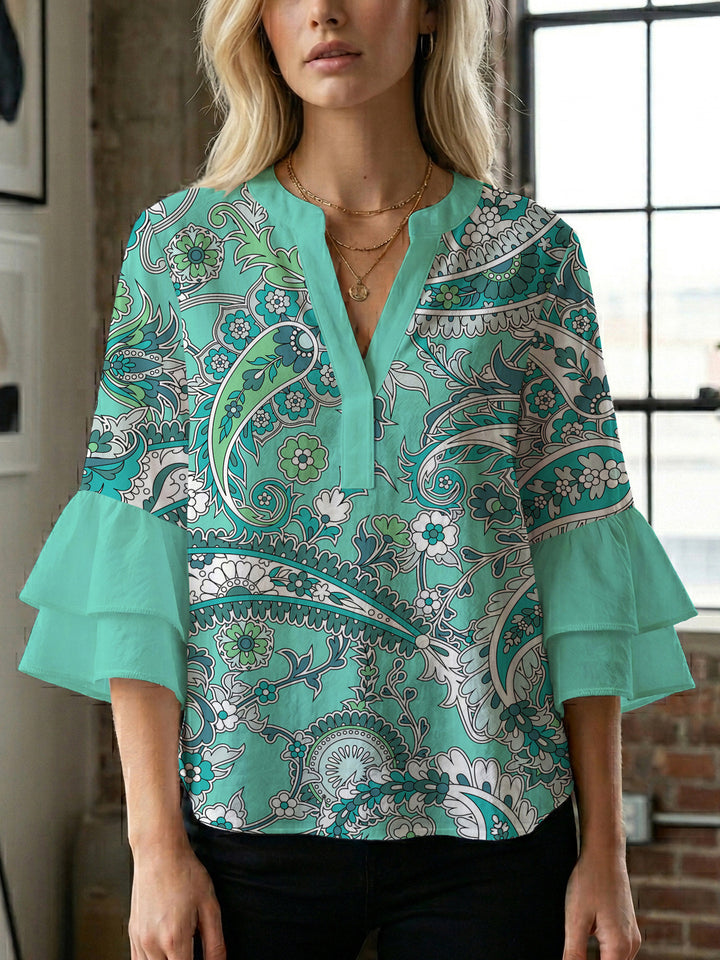 Dame elegant bluser med voluminøse rucheærmer og grafisk blomsterdesign Skovae